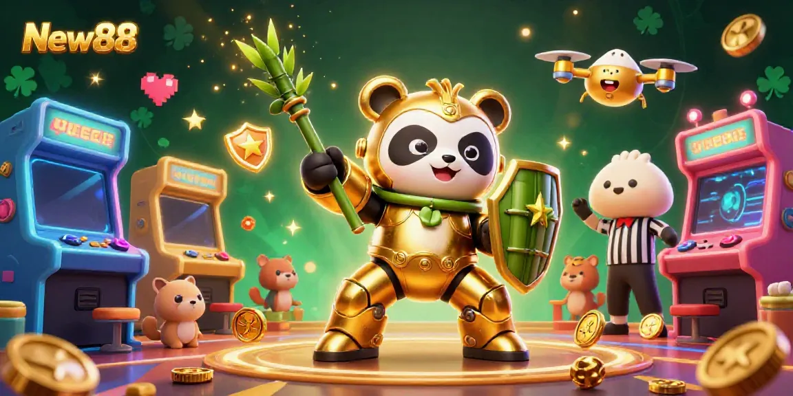 Engage with New88 through a lavish 3D casino scene filled with characters and game elements.