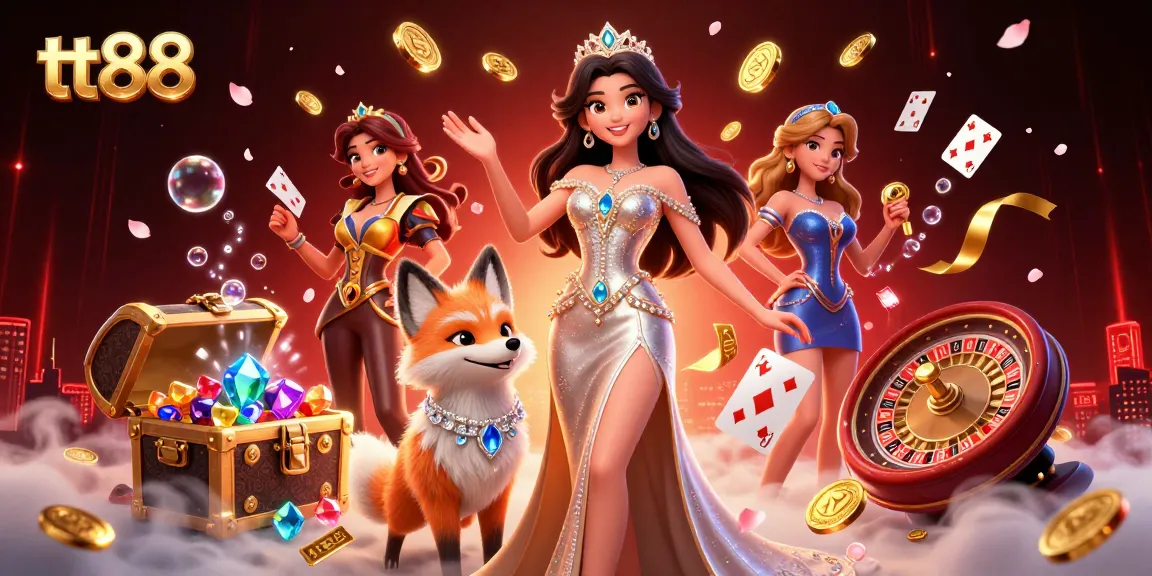 Experience excitement at tt88 with a stunning casino-themed scene decorated with vibrant symbols and elegant characters.