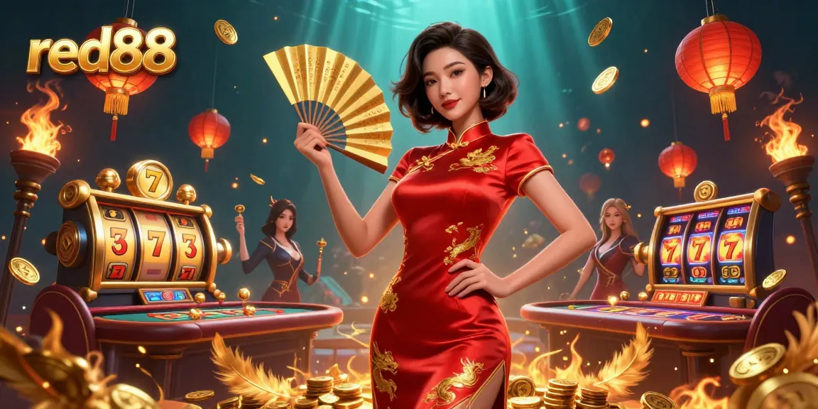 Engage in thrilling gaming action at red88 with vibrant slot reels and a confident dealer amidst floating golden elements.