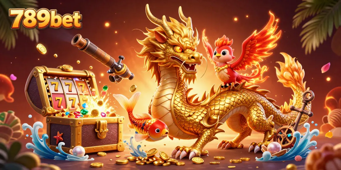 Enter the thrilling world of 789bet with golden dragon, phoenix, and a shower of coins for an exciting gaming experience.