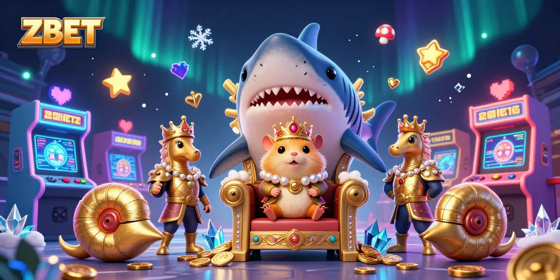 ZBET interactive gaming scene featuring a golden hamster king surrounded by arcade elements and fantasy creatures.