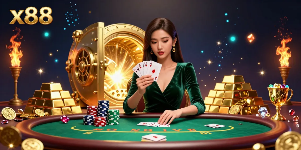 x88 casino card player at luxury poker table with gold treasures and vibrant environment