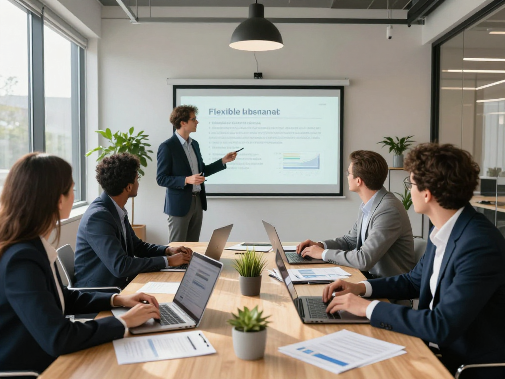 Professionele meeting over zakelijk krediet in een modern kantoor met een diverse groep mensen die samenwerken.