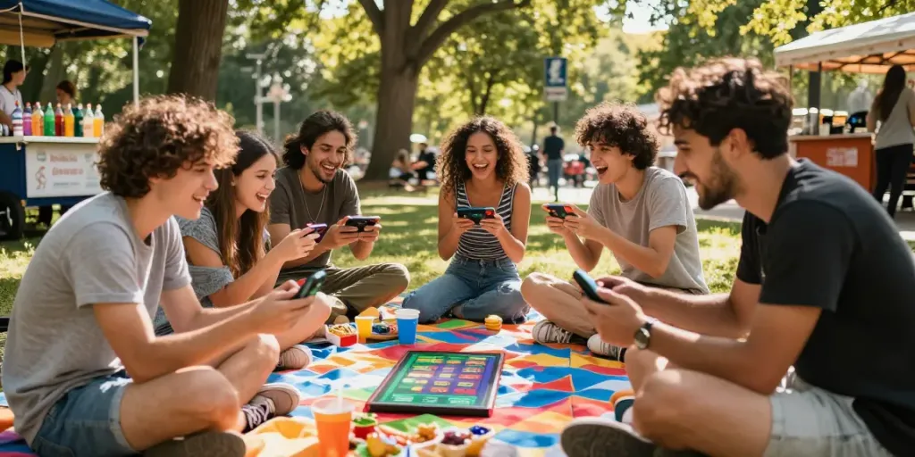 Teman-teman bermain slot dengan gembira di taman kota yang cerah.