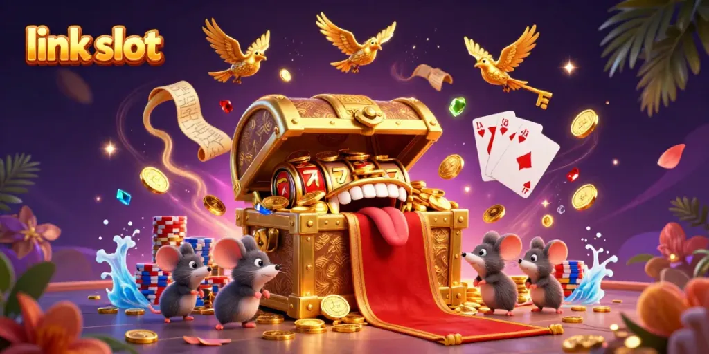 Experience big wins with link slot in vibrant 3D illustrated casino world full of treasures and riches.