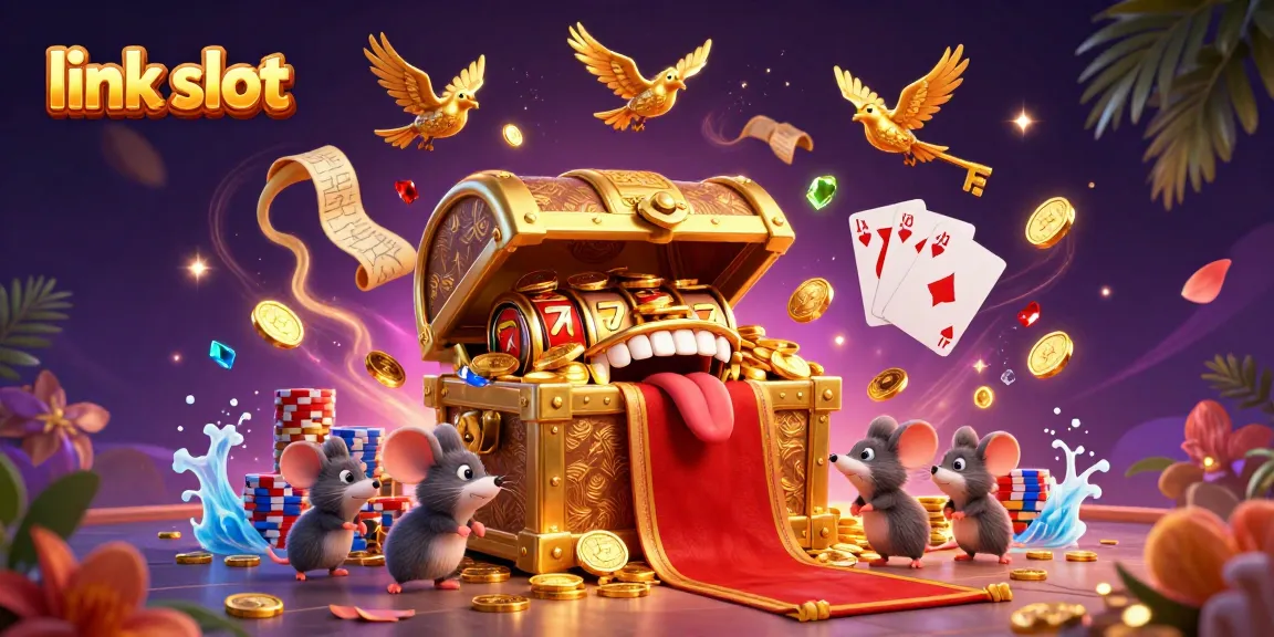 Experience big wins with link slot in vibrant 3D illustrated casino world full of treasures and riches.