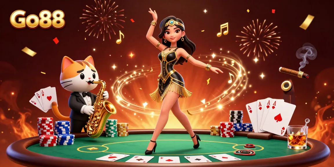 Join the fun at Go88 with a dazzling scene of a dancing flapper in a vibrant casino atmosphere.