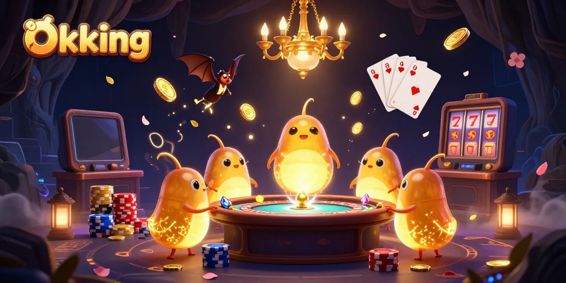 Engaging scene with Okking's glowworm characters lighting a vibrant casino atmosphere with sparkling elements and a welcoming dealer.
