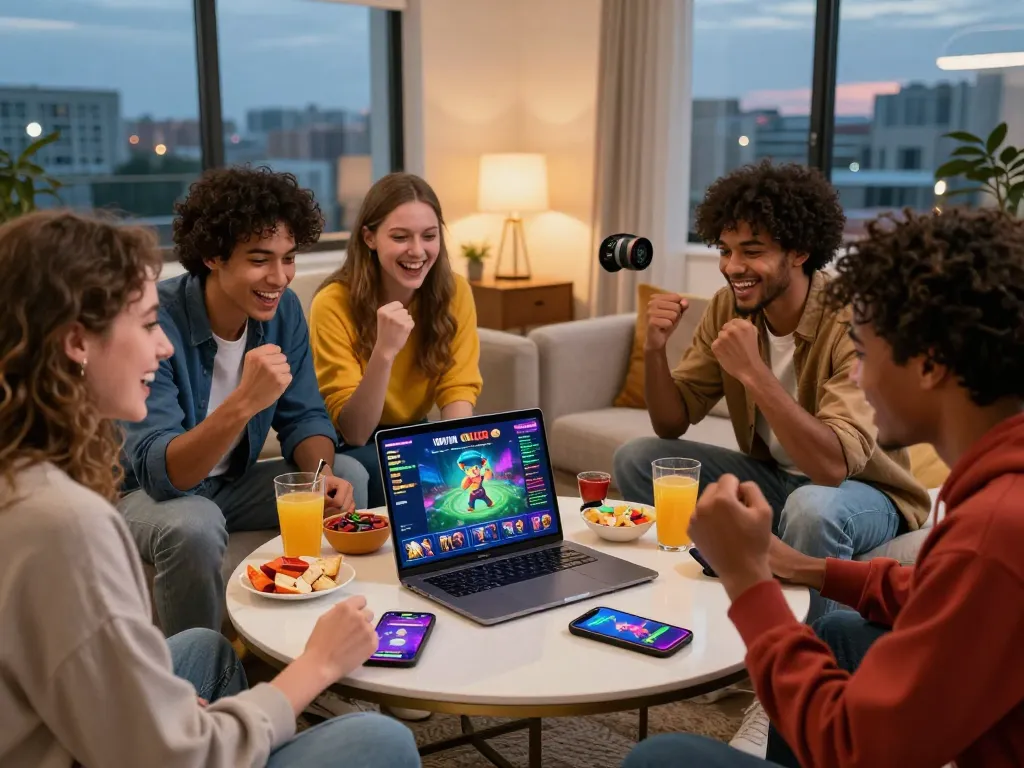 Engaged friends playing IWIN Club games at home from https://iwinclub.games/ with lively snacks and vibrant atmosphere.