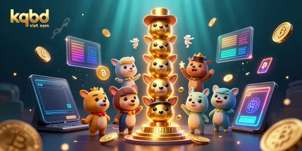 KQBD Viet Nam showcases a dynamic sports betting scene with vibrant 3D elements and characters.