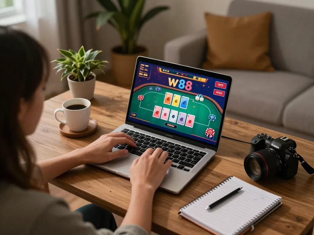 Engaging gameplay on w 88 casino platform, showcasing an online poker session with vibrant graphics and cozy ambiance