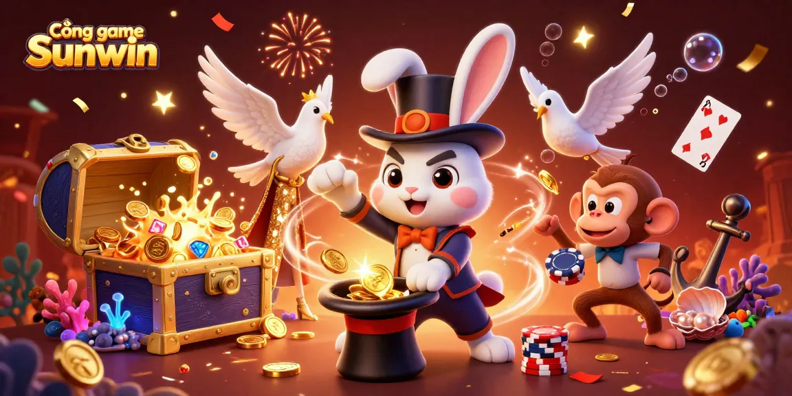Cổng game Sunwin showcases a magical scene with a rabbit magician, dove, and monkey amidst a treasure explosion.