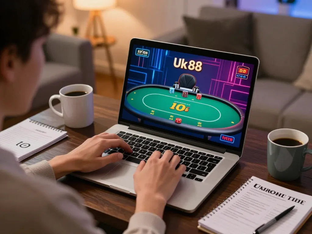 Enjoying a strategic gameplay session with Uk 88 on a laptop in a cozy home setting.