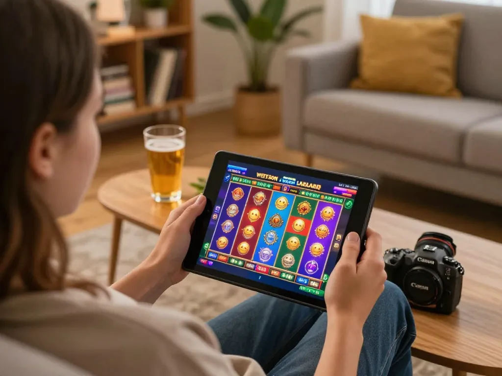 Genieten van online gokkasten bij Wettson Nederland, een gezellige huiselijke sfeer met een levendige gaming interface.