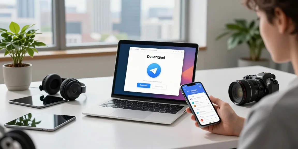 Download Telegram on a modern laptop with vibrant tech accessories in a sleek workspace.