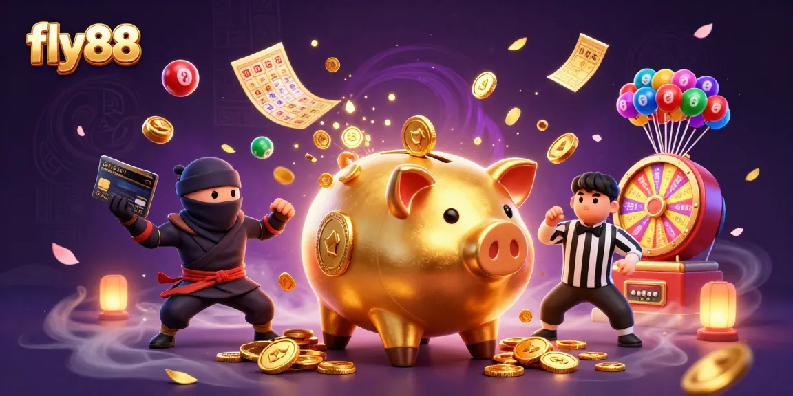 Experience the excitement of fly88 with a golden piggy bank sumo wrestler and colorful lottery elements.