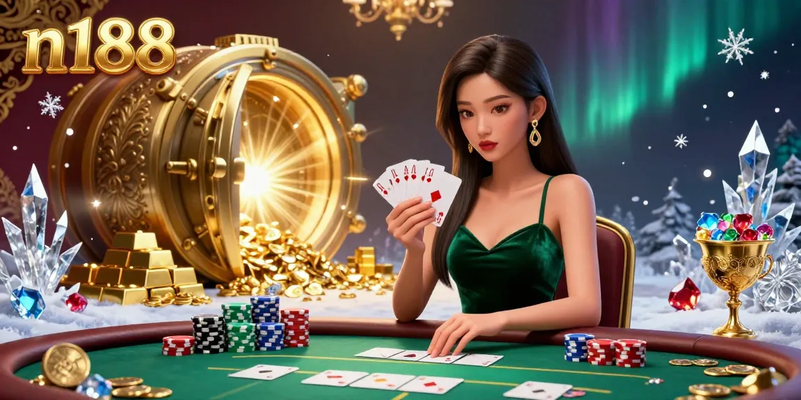 Win big at n188 with a captivating poker scene featuring a strategic player at a luxury casino table.