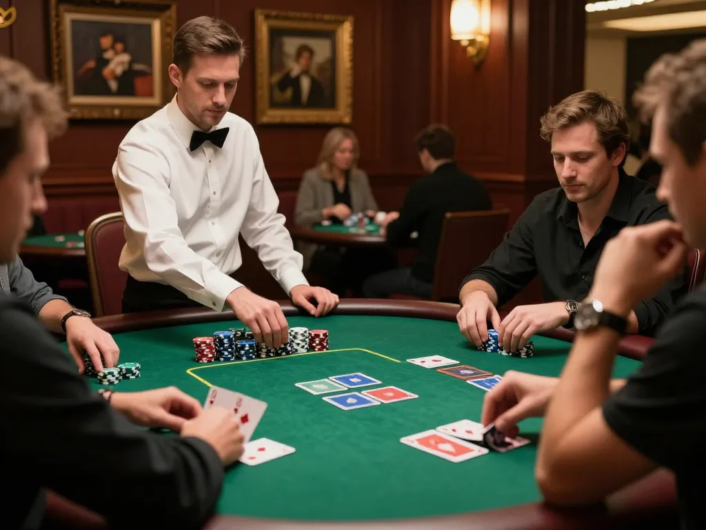 vu88 players engaging in a strategic poker game at a luxurious casino table.