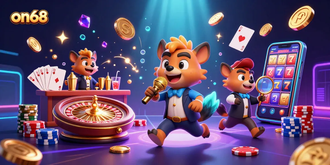 Experience the excitement at ON68 casino with cartoon hyenas enjoying games and entertainment.