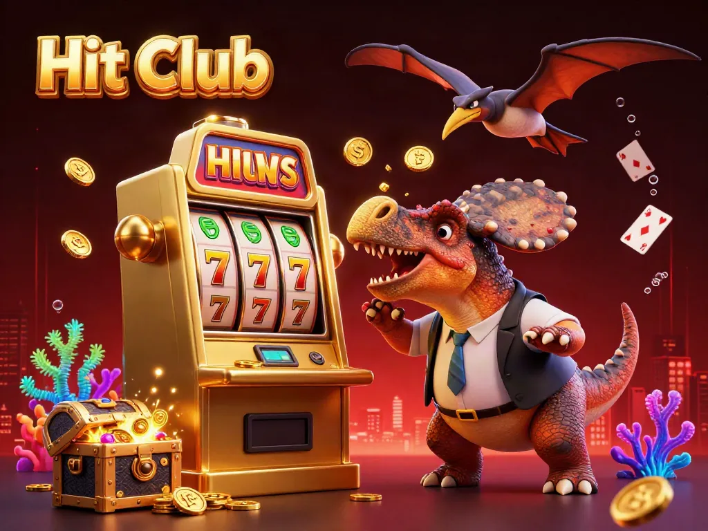 Hit Club scene showcasing a dinosaur interacting with a slot machine amidst vibrant casino elements.