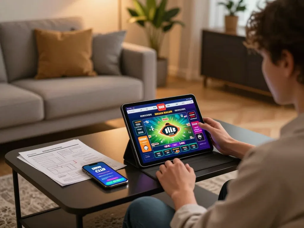 IWIN CLUB gaming session with tablet and notes in cozy home setup.