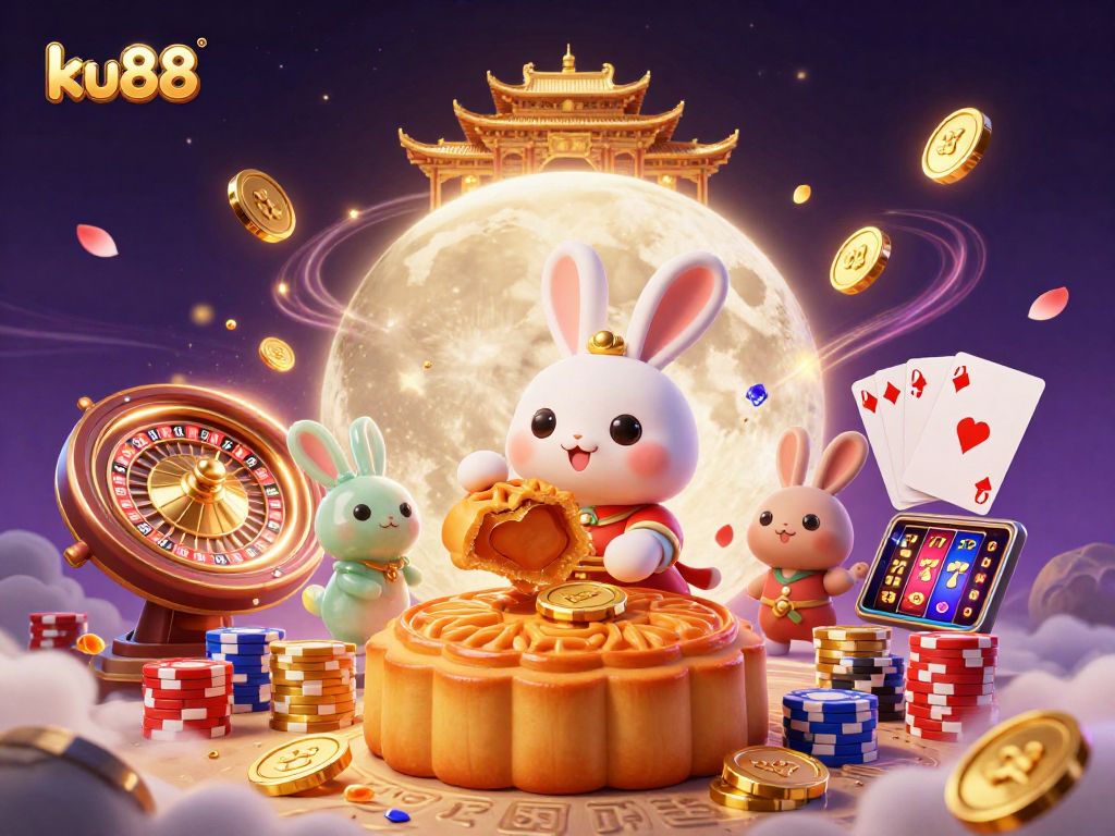 Spin slots and win big at ku88, featuring a whimsical moon rabbit scene with poker chips and casino elements.
