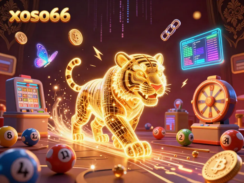 Engage with xoso66 lottery excitement featuring dynamic characters, glowing coins, and entry mechanisms.