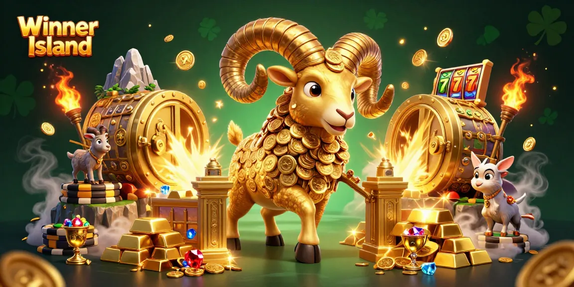 Experience thrilling gameplay with Winner Island's casino riches and dynamic slot elements in this vibrant illustration.