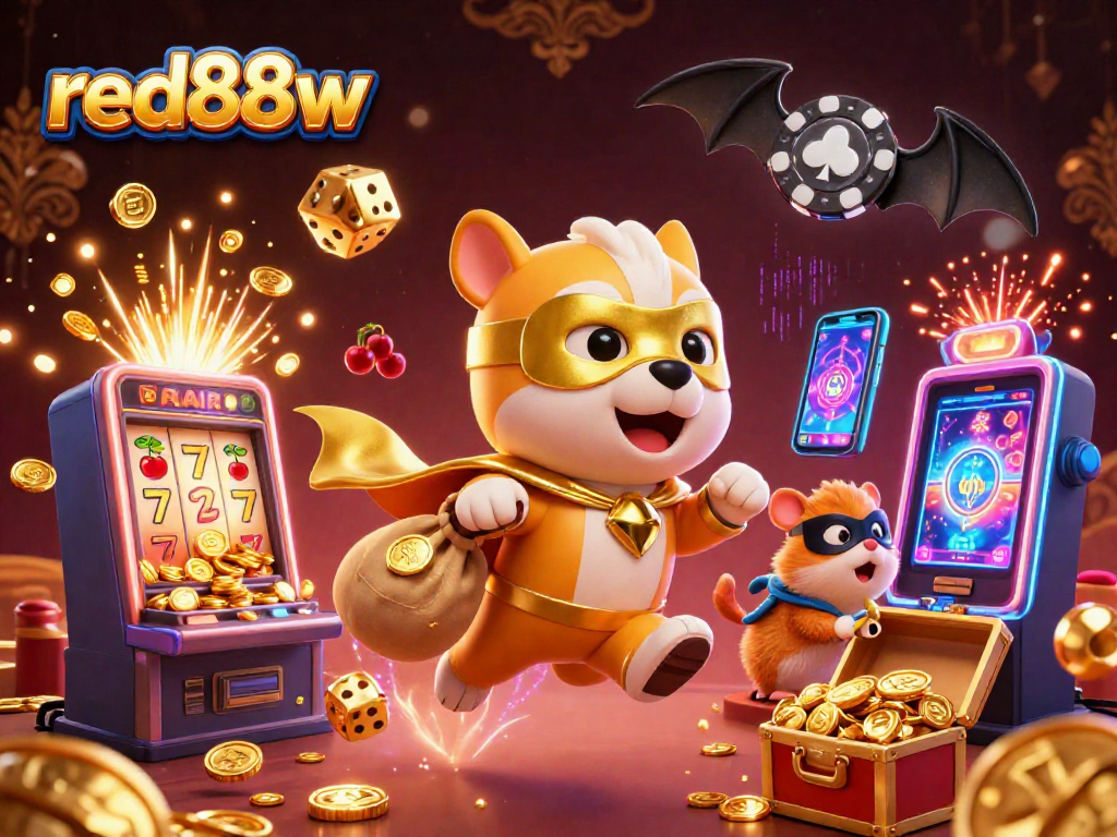 Experience thrilling winnings at red88w with an exhilarating 3D illustration featuring a superhero dog and dynamic casino elements.