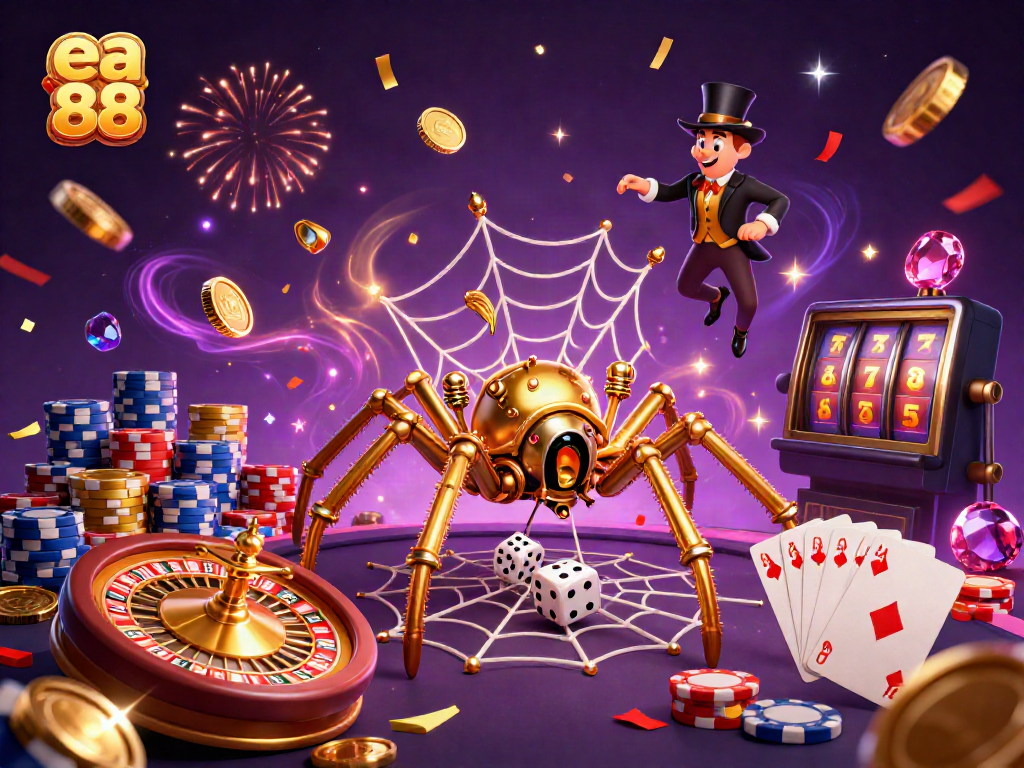 Experience thrilling wins with ea 88 as a golden spider weaves luck in a lively casino scene.