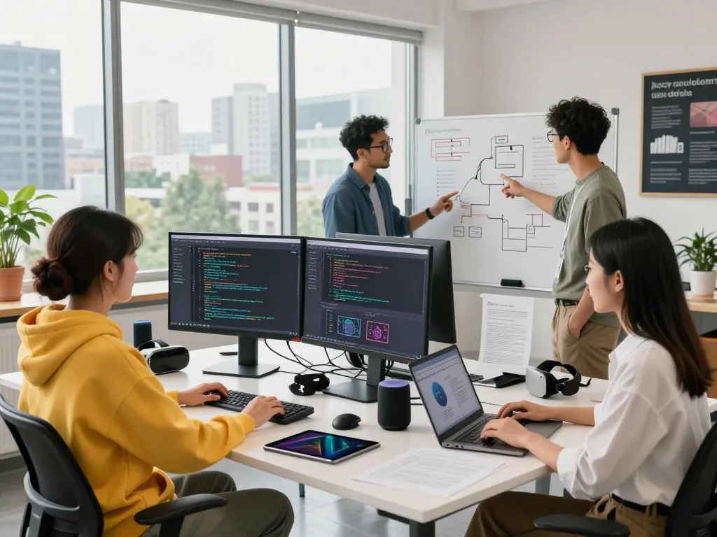 Dynamic AI development team collaborating on juicy AI innovations in a modern workspace.