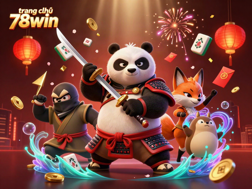 Engage with the exciting scene of trang chủ 78win featuring a dynamic 3D samurai panda, ninja fox, and magical tanuki amidst vibrant casino elements.