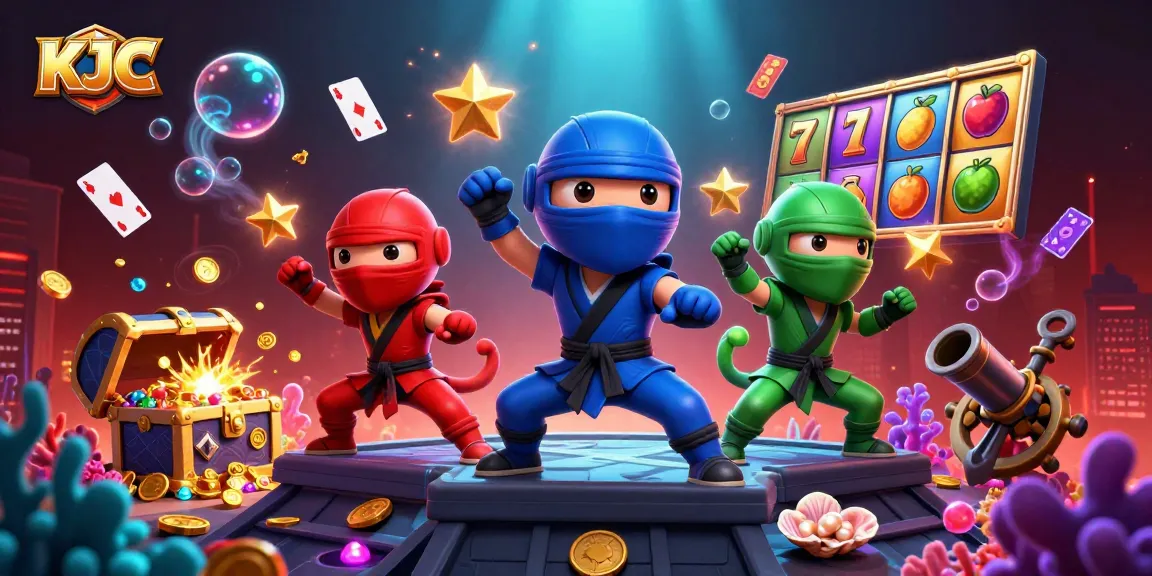 KJC engages players with vibrant slot games and dynamic chameleon characters in an energetic casino scene.