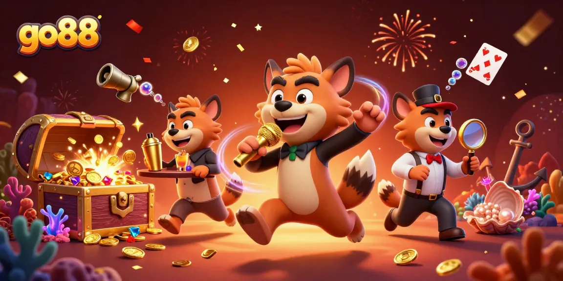 Join the excitement at go88 as hyenas entertain in a colorful casino scene filled with treasure!