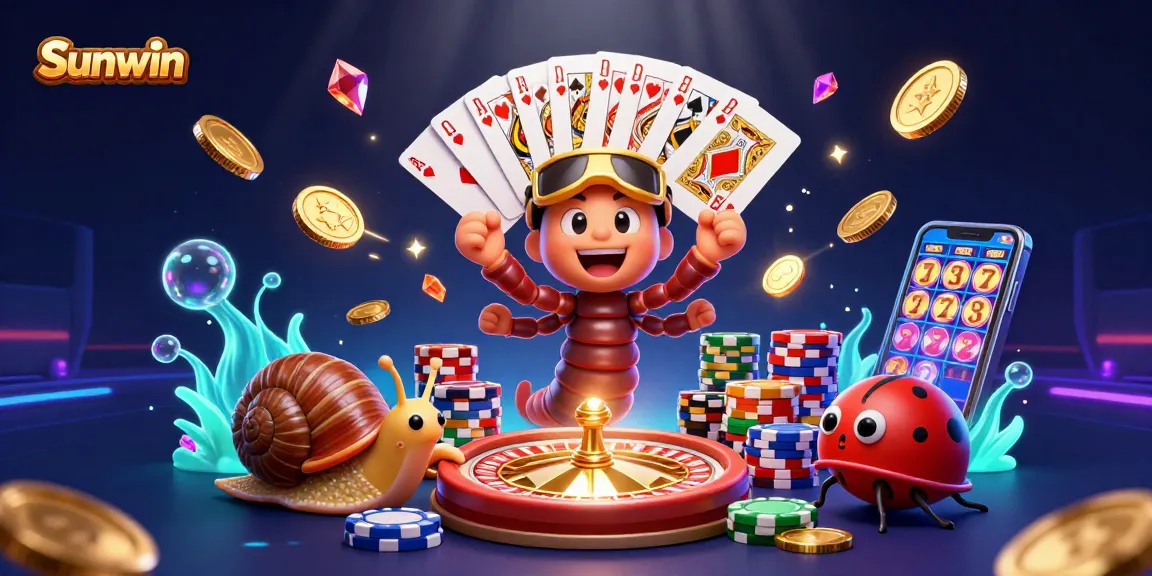 Sunwin players enjoy vibrant casino games with a cartoon millipede dealer, colorful chips, and glowing bonuses.