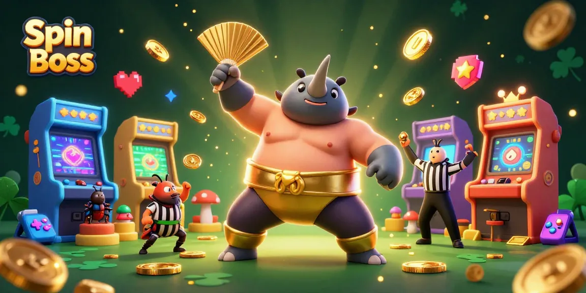 Spin Boss champions gamble amidst gold coins, arcade machines, and festive beetle spectators.