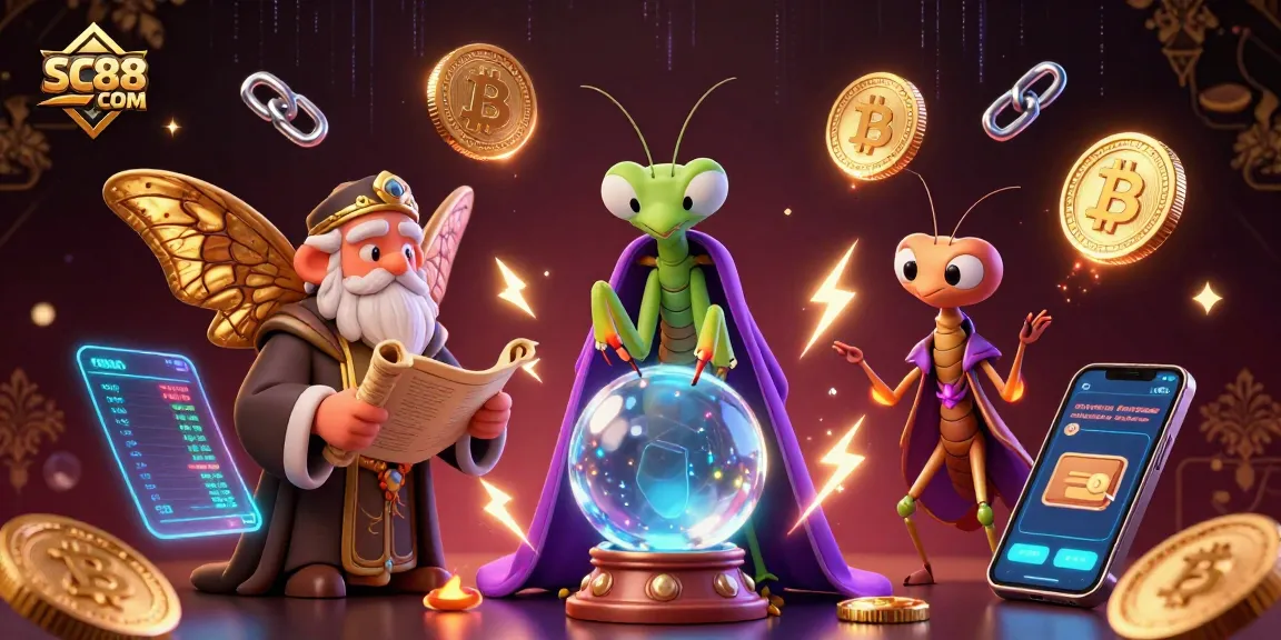 Engage with SC88 COM through a vibrant 3D illustration showcasing a fortune teller, moth librarian, and floating oracles amidst cryptocurrency elements.