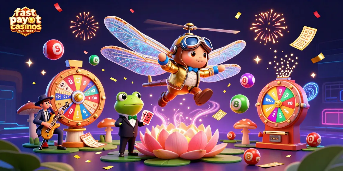 Engage with fast payout casinos Australia, featuring vibrant characters and dynamic gambling elements.