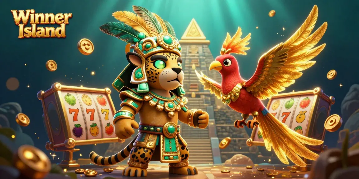 Engage in thrilling slots at Winner Island with visually rich 3D illustration highlighting captivating gameplay elements.