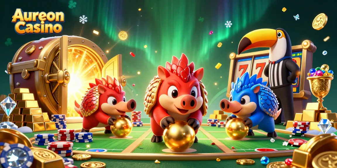 Aureon Casino features two rival pangolins amidst golden coins and slot reels celebrating wins.