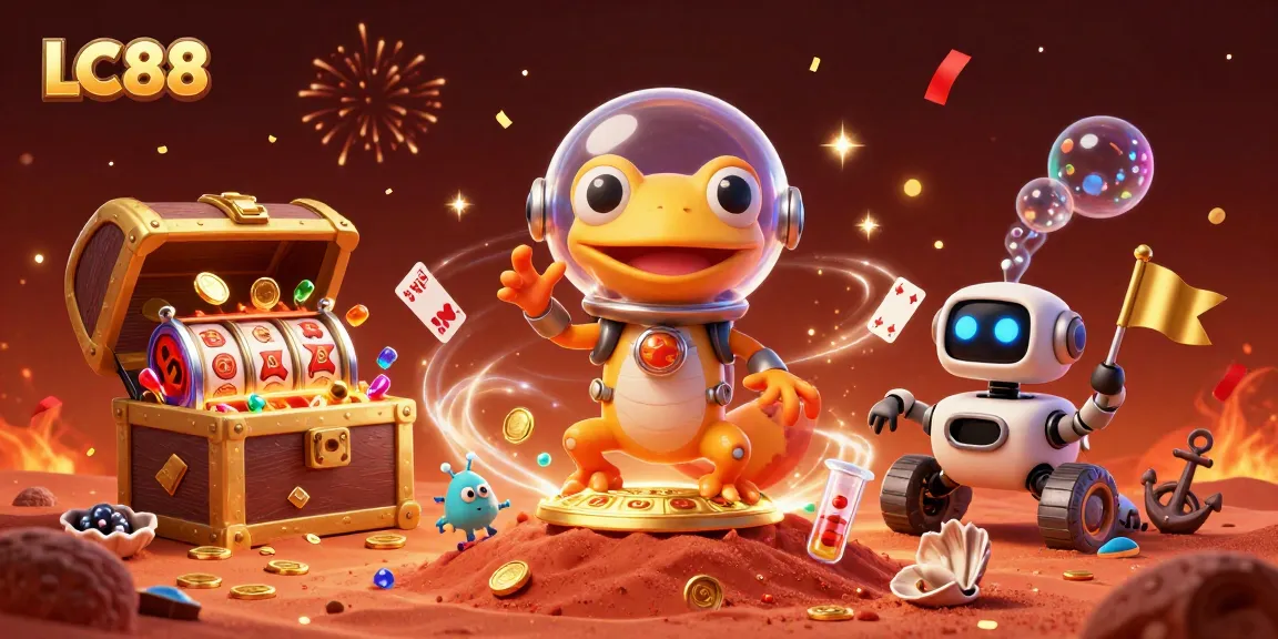 Experience the vibrant world of LC88 with 3D characters celebrating amidst a golden casino.