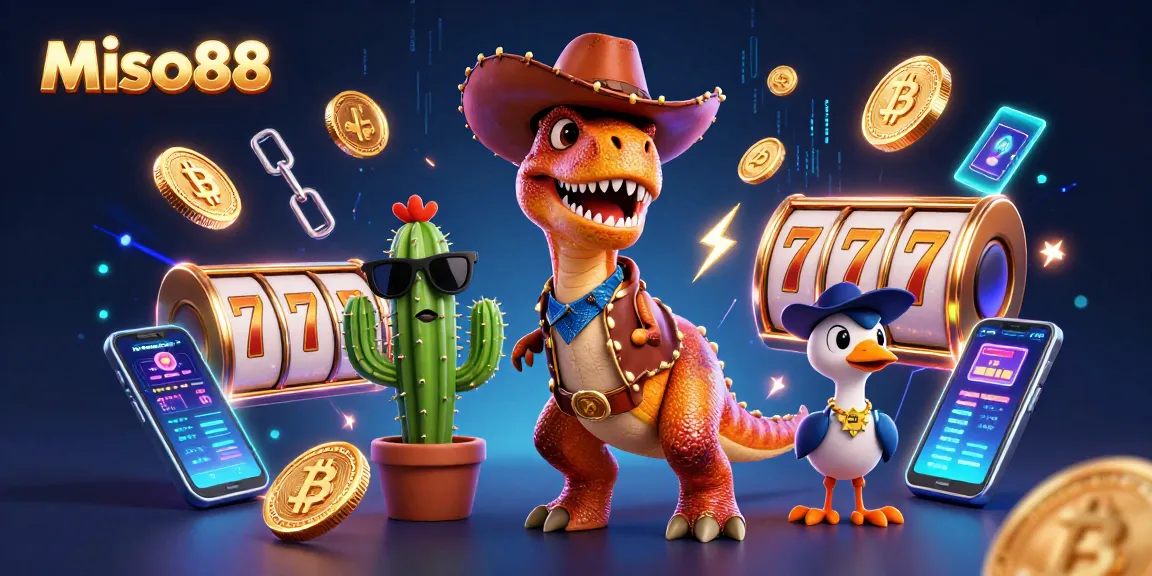 Miso88 offers thrilling slot experiences with a colorful scene featuring a T-Rex and engaging elements.