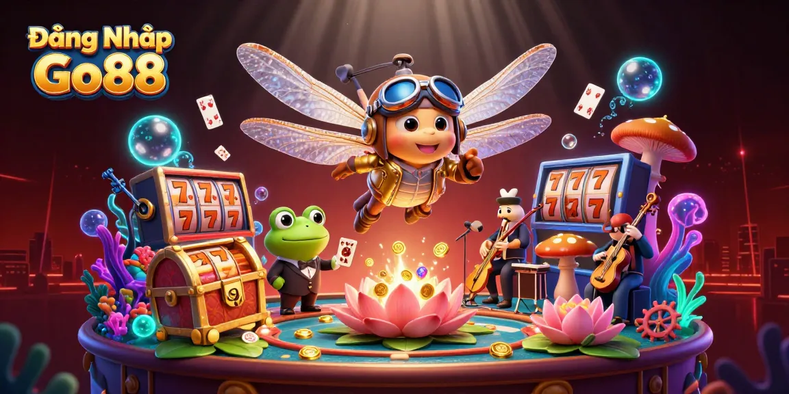 Experience the thrill of Đăng Nhập Go88 with vibrant slot reels and dynamic gaming elements in a lively casino scene.