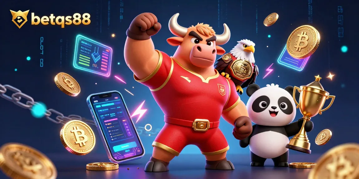Engage with betqs88 through a vibrant 3D casino scene celebrating victory and crypto