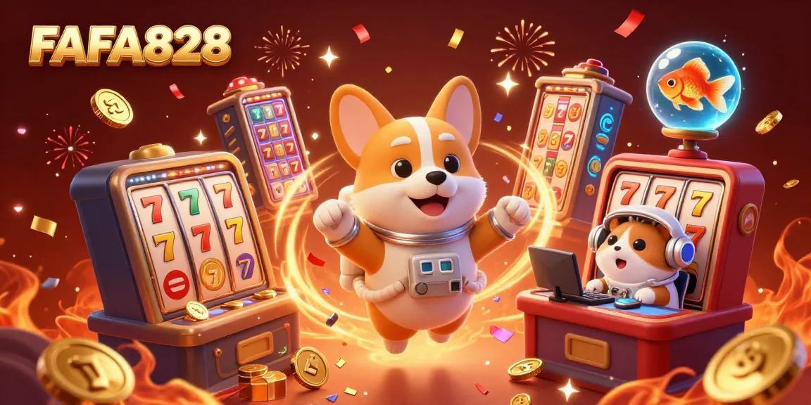 FEEL the excitement of FAFA828's slot games with a cartoon astronaut corgi and colorful lucky 7s floating in a vibrant casino.