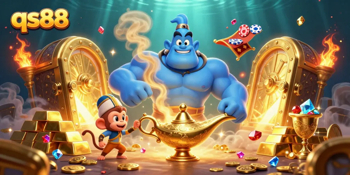 Win exciting jackpots at qs88 with vibrant casino-themed illustration featuring a genie, monkey, and treasures.