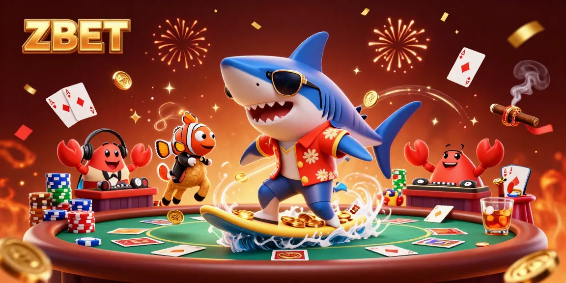ZBET casino experience with a shark surfing gold coins, poker elements, and festive atmosphere