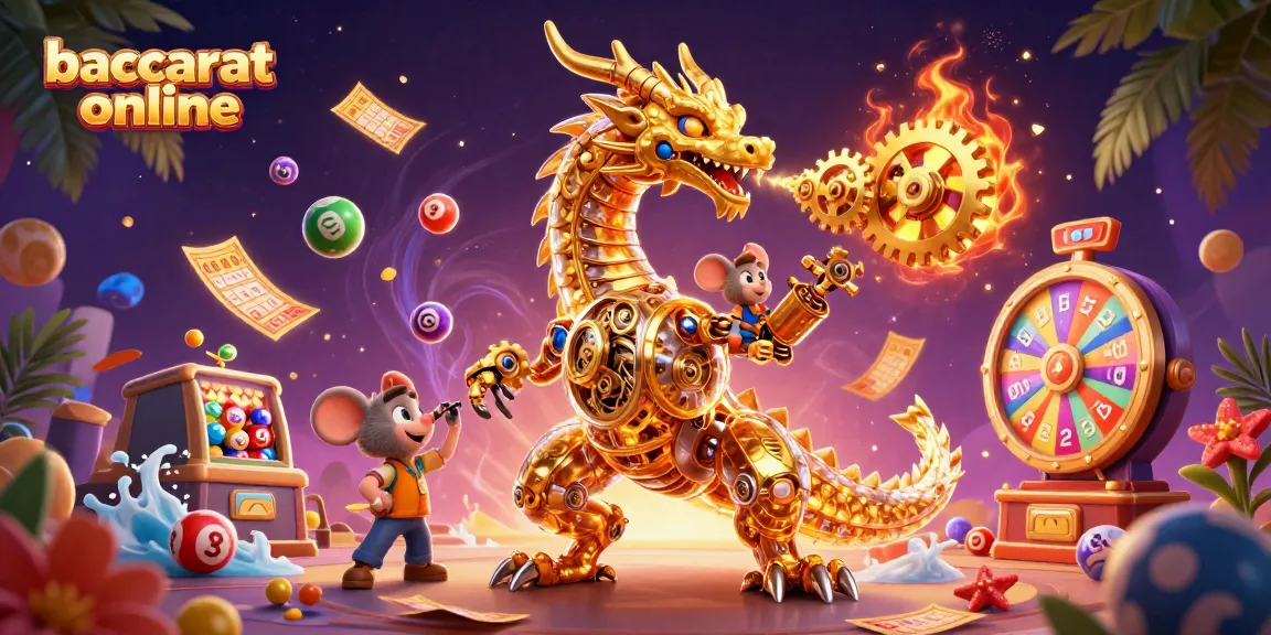 Baccarat online scene with a golden dragon, colorful balls, and vibrant gaming elements.