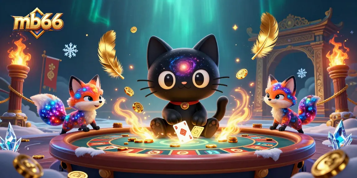 Engage with mb66 as a cosmic black hole cat pulls in chips at a vibrant gambling table.