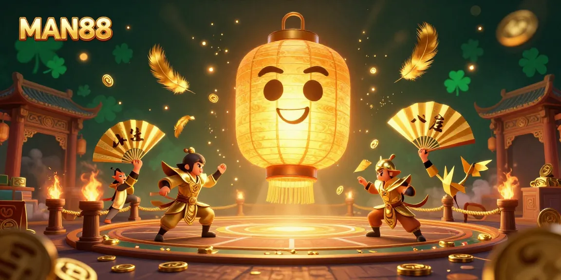 Engage in thrilling action at MAN88 with golden lantern spirit and lucky symbols in a vibrant casino scene.